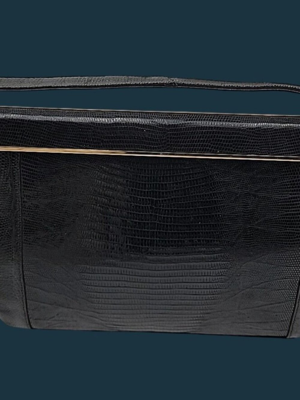 Vintage Sterling USA Black Genuine Lizard Skin Handbag Mid Century Frame Purse - Picture 3 of 16